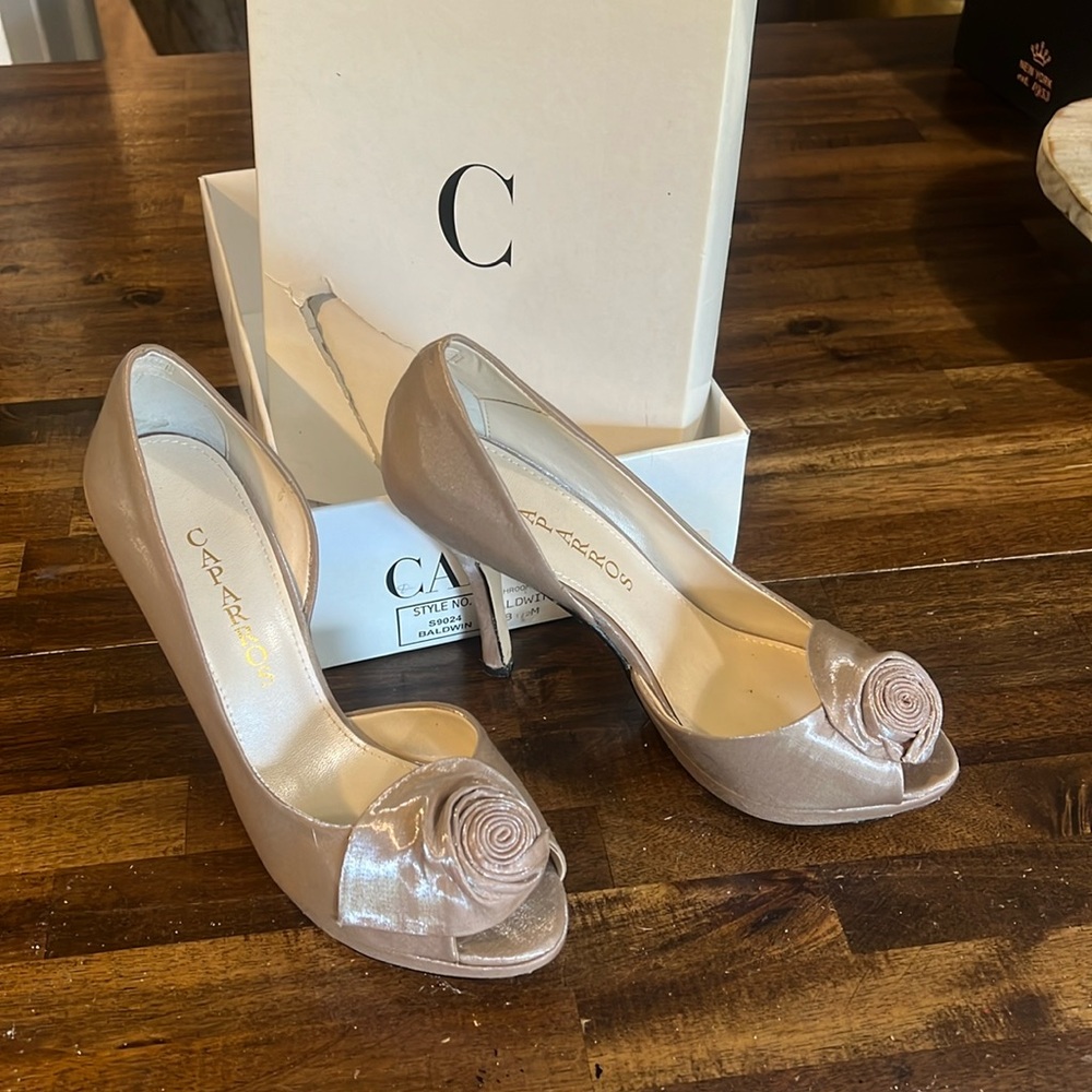 Beautiful taupe dressy high-heeled shoe.